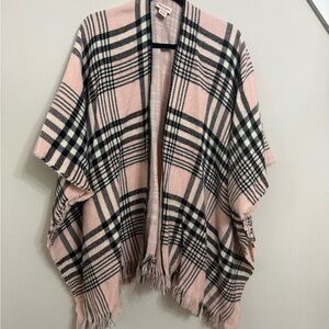 Pink and Black Plaid Fringe Poncho